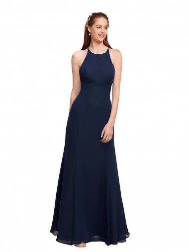 High Halter Fit and Flare Long Chiffon Prom Dress with Criss Cross Low Back Clearance