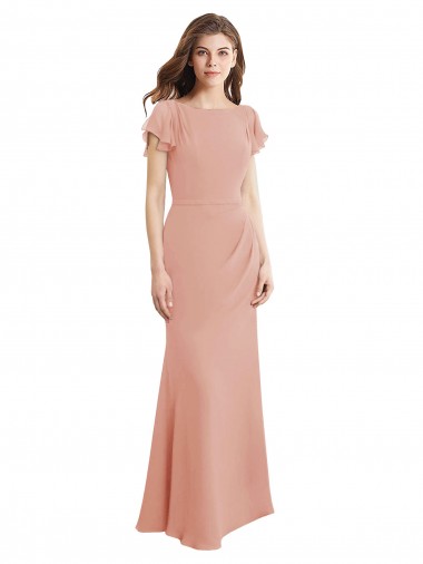 Cap Sleeves Long Chiffon Prom Dress with Low V-Back Clearance
