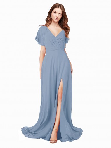 Chiffon Prom Dress with Flutter Sleeves and Front Slit Clearance