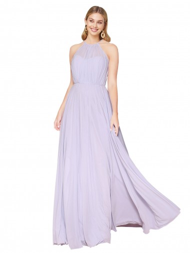 High Neck Halter Shirred Chiffon Prom Dress Clearance