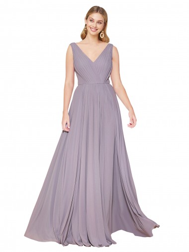 Draped Floor Length High Neck V-Back Chiffon Prom Dress with Shirred Bodice Clearance