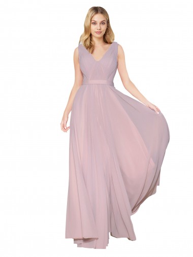 Draped V-Neck Long Chiffon Prom Dress with Shirred Bodice Clearance