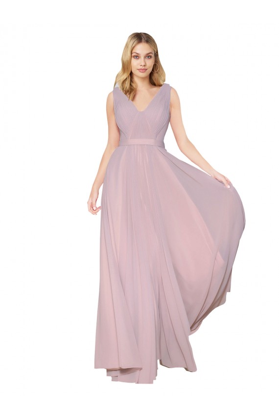 Draped V-Neck Long Chiffon Prom Dress with Shirred Bodice Clearance