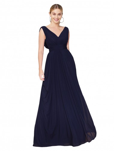 Draped Long V-Neck Floor Length Chiffon Prom Dress Clearance