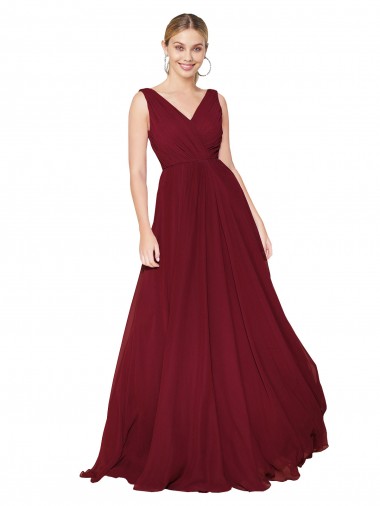 Draped A-Line V-Neck Floor Length Chiffon Prom Dress Clearance