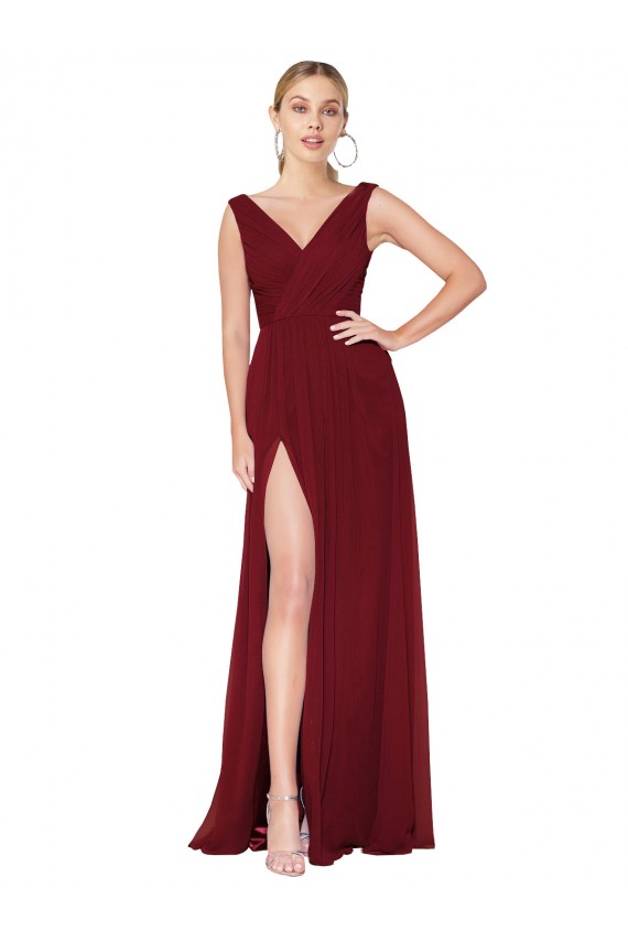 Draped Mermaid Long V-Neck Chiffon Prom Dress with High Slit Clearance