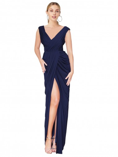 Draped V-Neck Long Chiffon Prom Dress with Front Slit Clearance