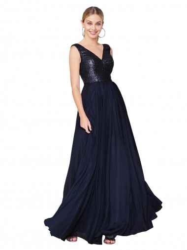 High Neck V-Neck Long Chiffon Prom Dress with Sequin Top Clearance