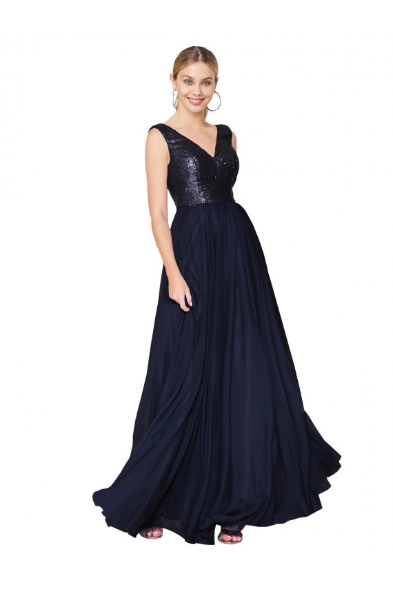 High Neck V-Neck Long Chiffon Prom Dress with Sequin Top Clearance