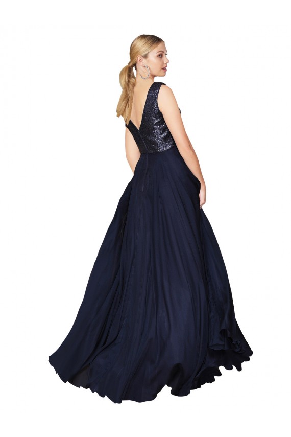 High Neck V-Neck Long Chiffon Prom Dress with Sequin Top Clearance
