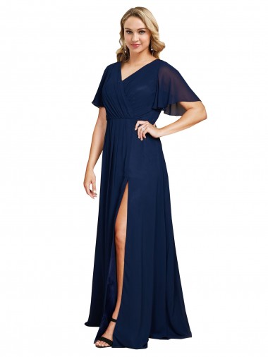 Chiffon V-Neck Short Sleeves Long Prom Dress with High Slit Clearance