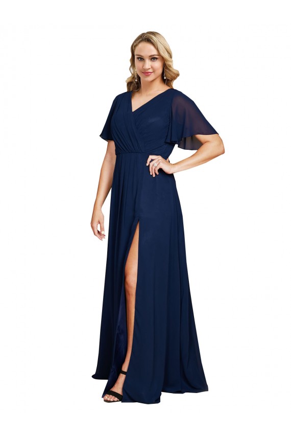 Chiffon V-Neck Short Sleeves Long Prom Dress with High Slit Clearance
