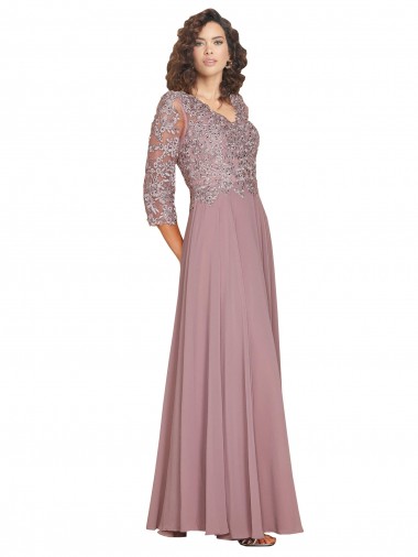 Hand-Beaded Bodice V-Neckline Long Sleeves Chiffon Prom Dress Clearance