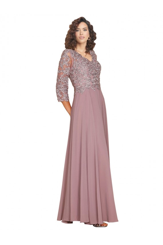 Hand-Beaded Bodice V-Neckline Long Sleeves Chiffon Prom Dress Clearance