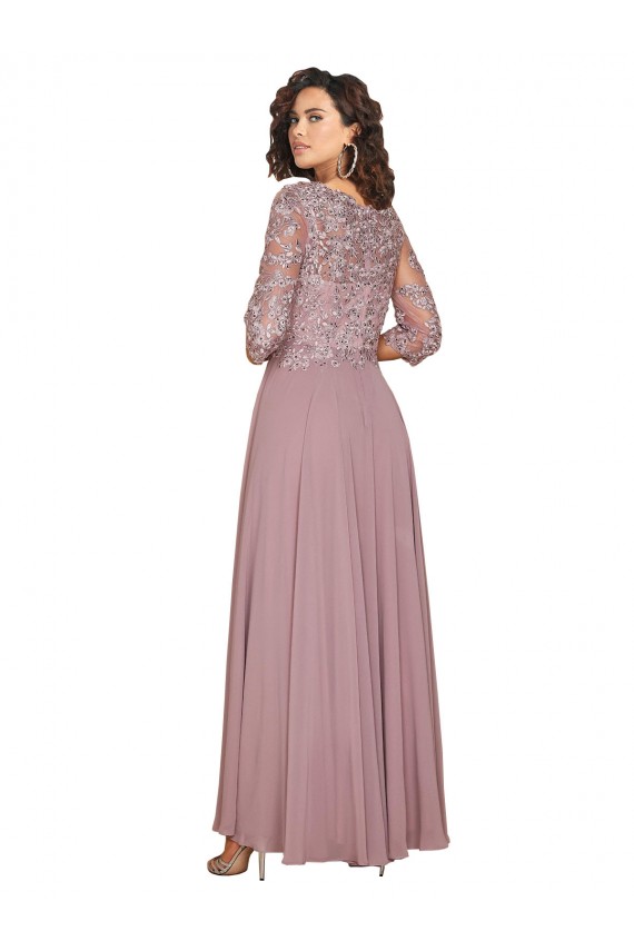 Hand-Beaded Bodice V-Neckline Long Sleeves Chiffon Prom Dress Clearance