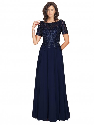 Short Sleeves A-Line Long Chiffon Prom Dress with Beaded Bodice Clearance