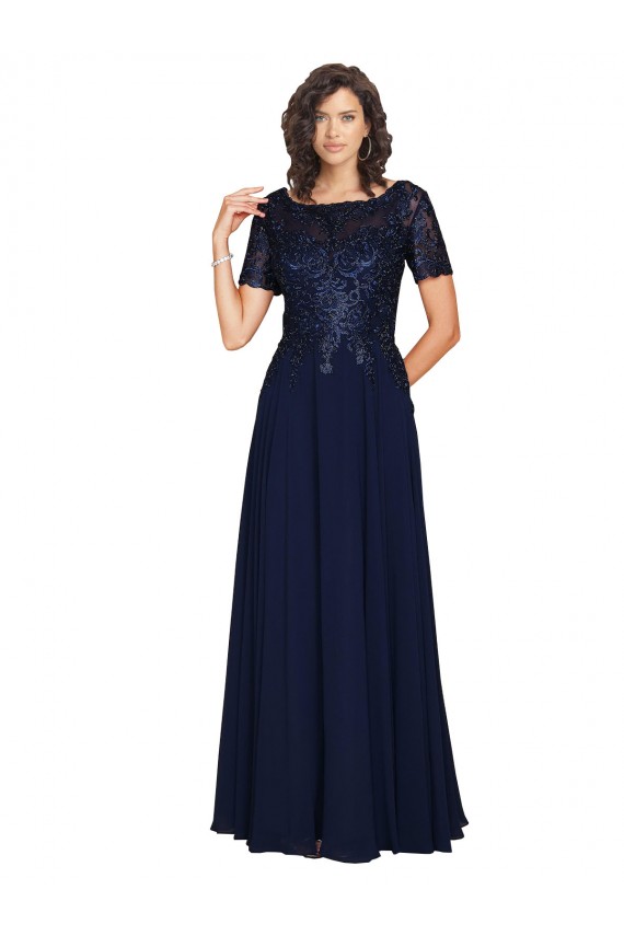 Short Sleeves A-Line Long Chiffon Prom Dress with Beaded Bodice Clearance