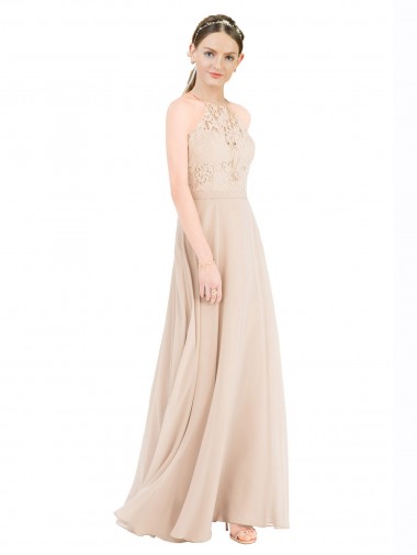 High Halter Neck Illusion Lace Prom Dress with Chiffon Skirt and Keyhole Back Clearance