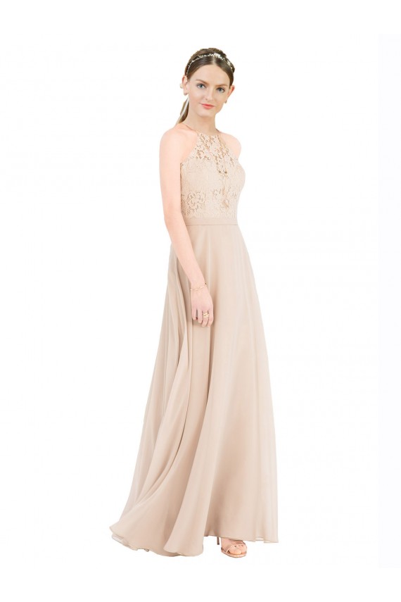 High Halter Neck Illusion Lace Prom Dress with Chiffon Skirt and Keyhole Back Clearance