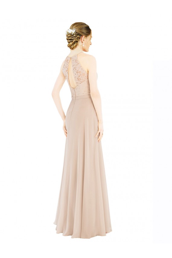 High Halter Neck Illusion Lace Prom Dress with Chiffon Skirt and Keyhole Back Clearance