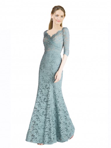 Half Sleeves Pleated Lace Prom Dress with Wrap-Around Portrait Neckline Clearance