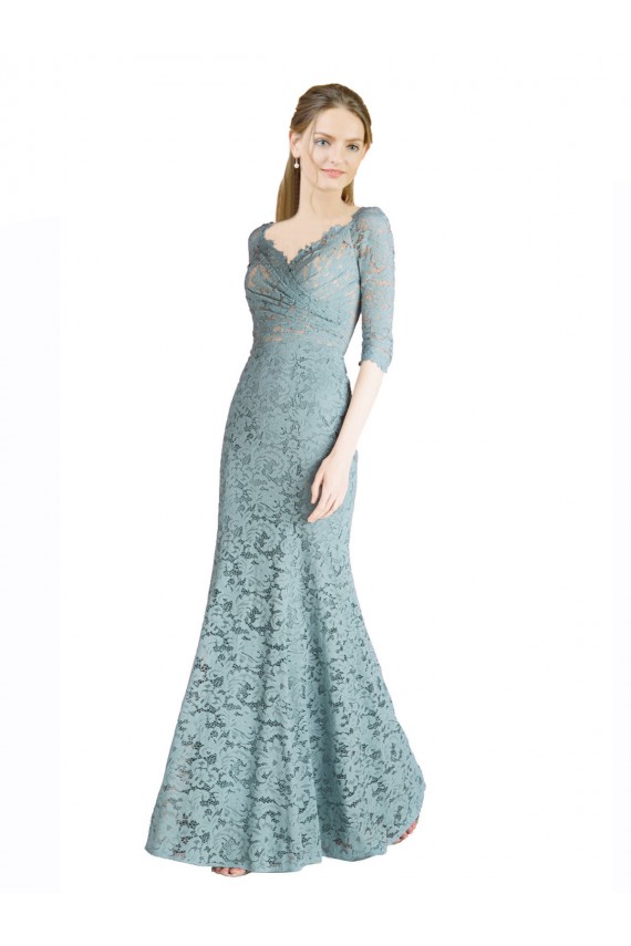 Half Sleeves Pleated Lace Prom Dress with Wrap-Around Portrait Neckline Clearance