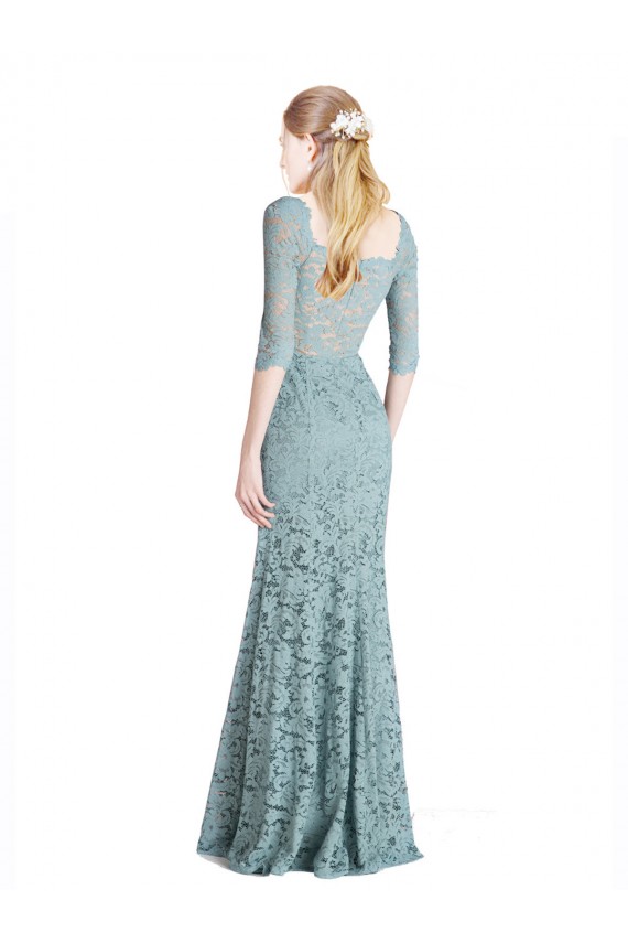 Half Sleeves Pleated Lace Prom Dress with Wrap-Around Portrait Neckline Clearance