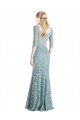 Half Sleeves Pleated Lace Prom Dress with Wrap-Around Portrait Neckline Clearance