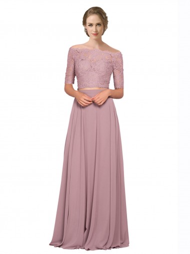 Off the Shoulder Lace Crop Top A-Line Chiffon Prom Dress Clearance