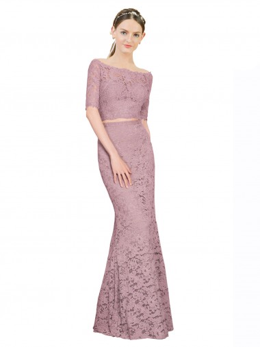 Short Sleeves Crop Top Mermaid Lace Prom Dress Clearance