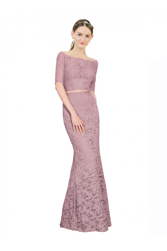 Short Sleeves Crop Top Mermaid Lace Prom Dress Clearance