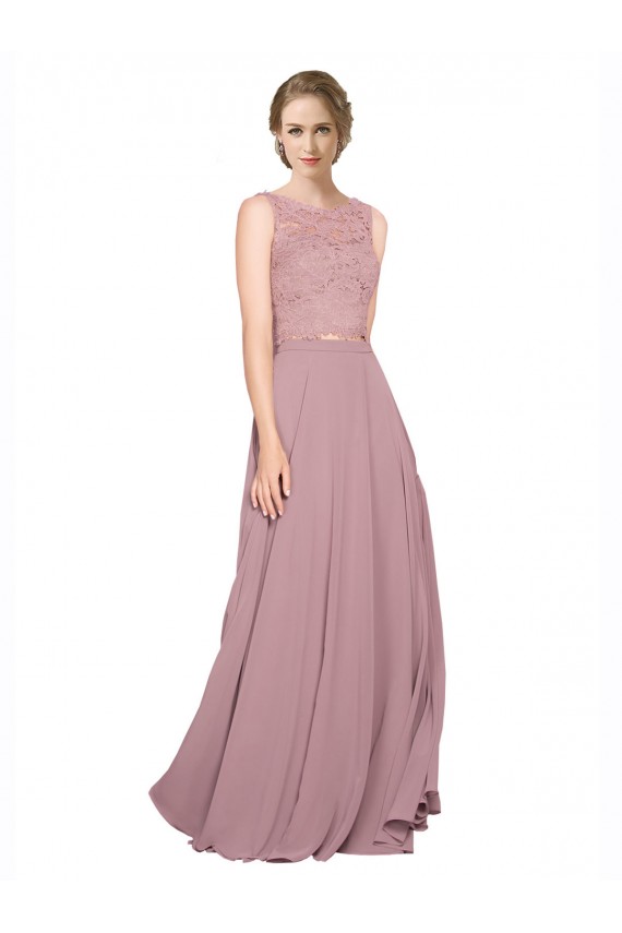 Long A-Line Chiffon Prom Dress with Sleeveless Lace Crop Top Clearance