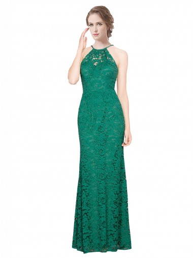 High Illusion Halter Neck Long Lace Prom Dress Clearance