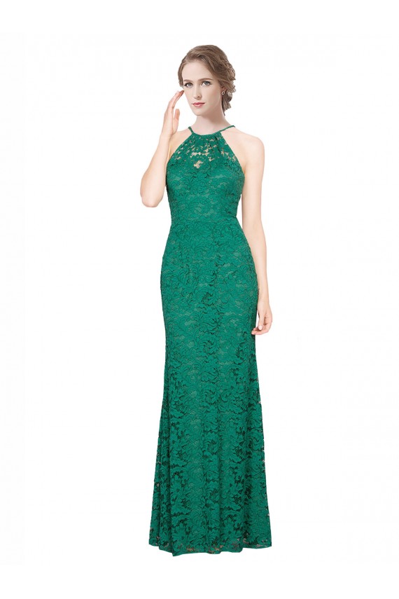 High Illusion Halter Neck Long Lace Prom Dress Clearance