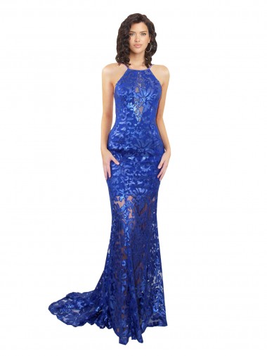 High Neck Long Open Back Lace Prom Dress with Train Clearance