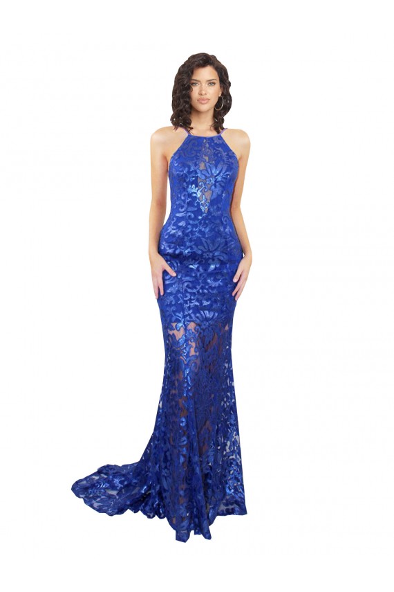 High Neck Long Open Back Lace Prom Dress with Train Clearance