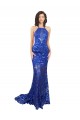 High Neck Long Open Back Lace Prom Dress with Train Clearance