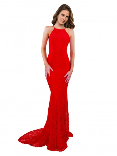 High Neck Long Lace Prom Dress with Open Back Straps Clearance