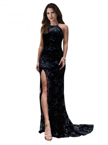 High Neckline Lace Open Back Prom Dress with High Slit Clearance