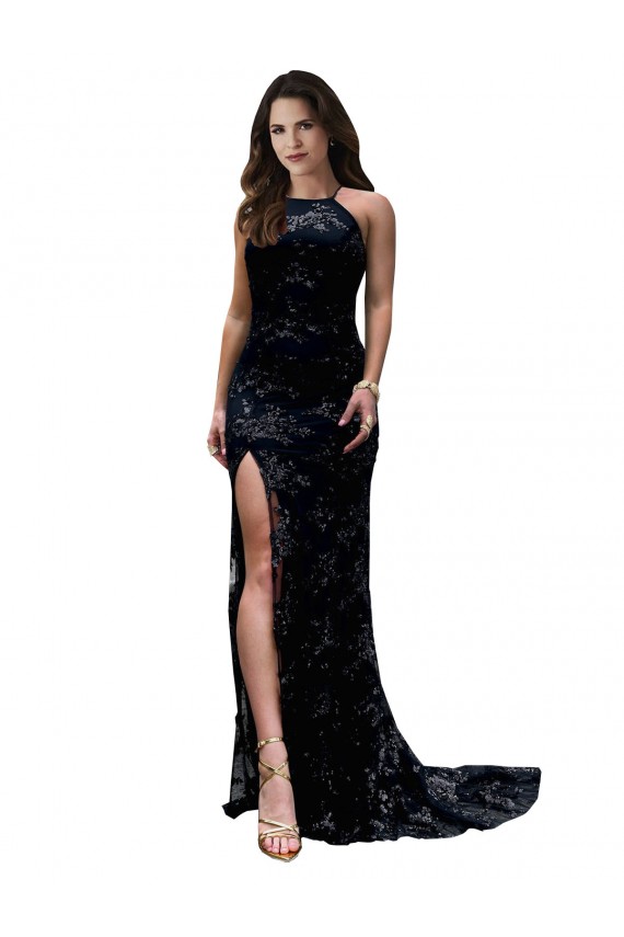High Neckline Lace Open Back Prom Dress with High Slit Clearance