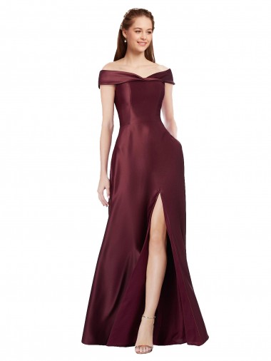Long Off the Shoulder Satin Prom Dress with Thigh-high Slit Clearance