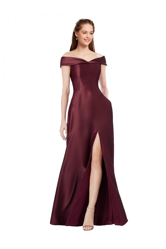 Long Off the Shoulder Satin Prom Dress with Thigh-high Slit Clearance