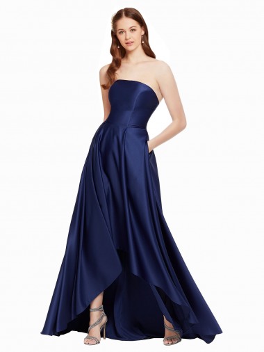 High Low Strapless Satin Prom Dress with Pockets Clearance