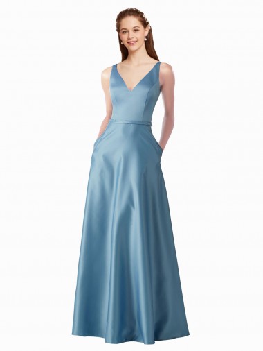 Classic Satin V-Neck A-Line Prom Dress with Pockets Clearance