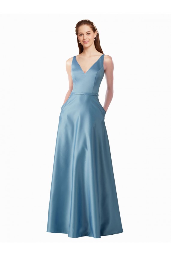 Classic Satin V-Neck A-Line Prom Dress with Pockets Clearance