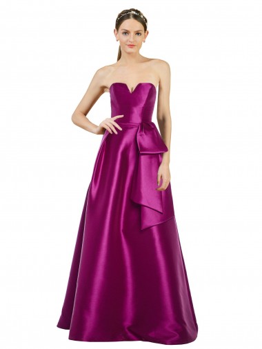 Sleeveless V-Neck Long Satin Prom Dress with Bow Waist Clearance
