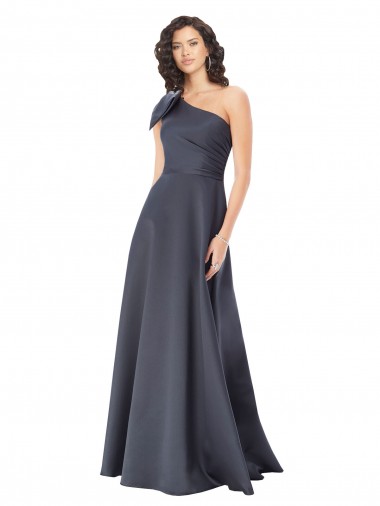 Rouched One Shoulder Floor Length Satin Prom Dress with Bow Clearance