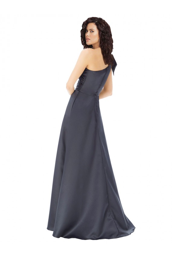 Rouched One Shoulder Floor Length Satin Prom Dress with Bow Clearance
