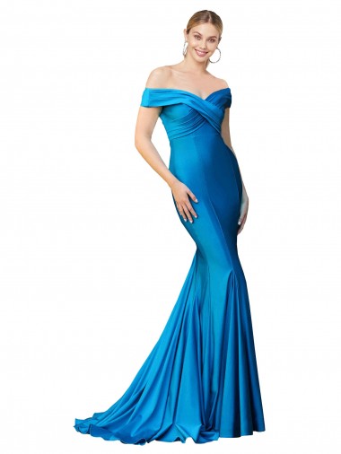 Off the Shoulder Long Chapel Train Satin Prom Dress Clearance