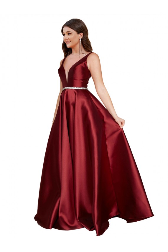 Sleeveless Deep V-Neck A-Line Satin Prom Dress with Pockets Clearance